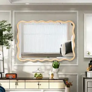 Solid Wood Wavy Rectangle Mirror-Natural-Wood 40" x 28" Modern Mirror Wall Decor for Bathroom, Bedroom, Living Room, Dining Room, Cloakroom, Entryway Solid Wood Wavy Rectangle Mirror-Natural-Wood 40" x 28" Modern Mirror Wall Decor for Bathroom, Bedroom, Living Room, Dining Room, Cloakroom, Entryway