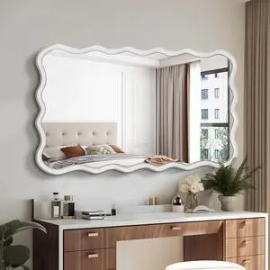 Solid Wood Wavy Rectangle Mirror-Natural-Wood 40" x 28" Modern Mirror Wall Decor for Bathroom, Bedroom, Living Room, Dining Room, Cloakroom, Entryway Solid Wood Wavy Rectangle Mirror-Natural-Wood 40" x 28" Modern Mirror Wall Decor for Bathroom, Bedroom, Living Room, Dining Room, Cloakroom, Entryway