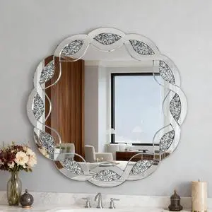 Silver Crush Diamond Round Wall Mirror, 31.5 Inch Wave Frame Decorative Mirror for Living Room, Bathroom, Bedroom, Hallway, Heavy Duty Frame with 2 Hangers Silver Crush Diamond Round Wall Mirror, 31.5 Inch Wave Frame Decorative Mirror for Living Room, Bathroom, Bedroom, Hallway, Heavy Duty Frame with 2 Hangers