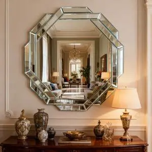 29.92 Inch Octagonal Living Room Mirror, Beveled Edge Frameless Wall Mirror for Wall Decor, Bathroom, Dining Room and Hallway 29.92 Inch Octagonal Living Room Mirror, Beveled Edge Frameless Wall Mirror for Wall Decor, Bathroom, Dining Room and Hallway