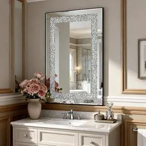 Crystal Crush Diamond Rectangle Silver Mirror for Wall, Large 36x24 Inch Modern Decorative Hanging Mirror with Beveled Edge, for Living Room, Bedroom, Entryway Crystal Crush Diamond Rectangle Silver Mirror for Wall, Large 36x24 Inch Modern Decorative Hanging Mirror with Beveled Edge, for Living Room, Bedroom, Entryway