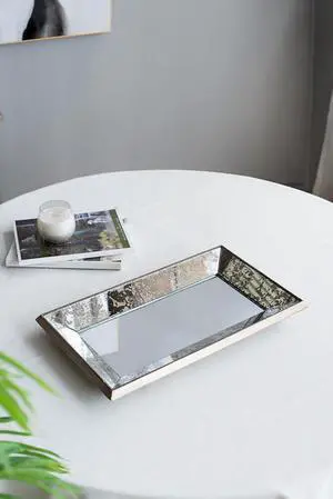 20" x 12" Antique Silver Rectangle Mirror with Floral Accents, Mirrored Display Tray, Hanging Wall Mirror 20" x 12" Antique Silver Rectangle Mirror with Floral Accents, Mirrored Display Tray, Hanging Wall Mirror