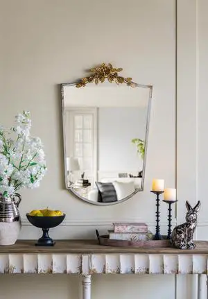 24x1.6x37.4" Decorative Arched Wall Mirror with Distressed Ivory Frame and Gold Floral Crown 24x1.6x37.4" Decorative Arched Wall Mirror with Distressed Ivory Frame and Gold Floral Crown