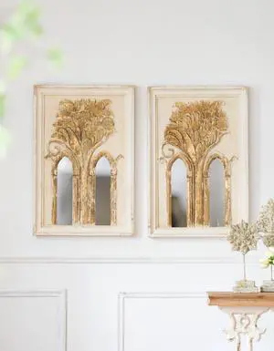20.1x2x29.9" Mid-Century Modern Wall Mirror with Gold Leaf Details, Set of 2 20.1x2x29.9" Mid-Century Modern Wall Mirror with Gold Leaf Details, Set of 2