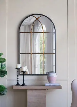 28.3x47" Arched Wall Mirror with Black and Gold Windowpane Design 28.3x47" Arched Wall Mirror with Black and Gold Windowpane Design
