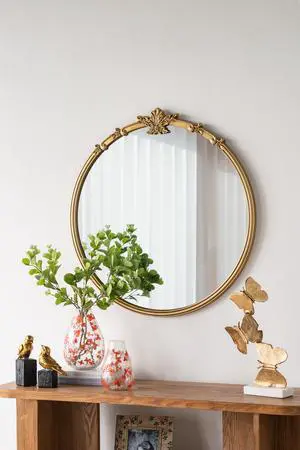 30x31" Round Wall Mirror With Gold Finish And Decorative Leaf Crest 30x31" Round Wall Mirror With Gold Finish And Decorative Leaf Crest