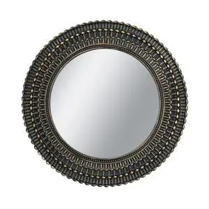 D26.5" Round Black And Gold Wooden Accent Mirror With Woven Texture D26.5" Round Black And Gold Wooden Accent Mirror With Woven Texture