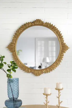 35.5x31.5" Round MDF Wall Mirror with Ornate Gold Frame 35.5x31.5" Round MDF Wall Mirror with Ornate Gold Frame