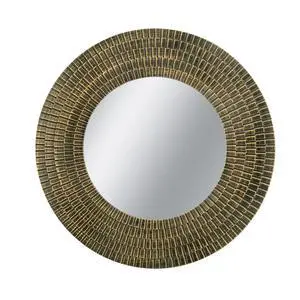 D29.5" Round Gold And Black Wooden Accent Mirror With Woven Texture D29.5" Round Gold And Black Wooden Accent Mirror With Woven Texture