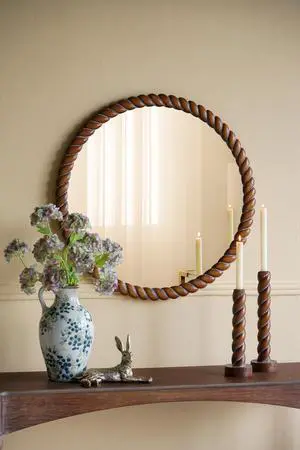 28.3X28.3" Round Wall Mirror With Pine Wood Frame, Brown 28.3X28.3" Round Wall Mirror With Pine Wood Frame, Brown