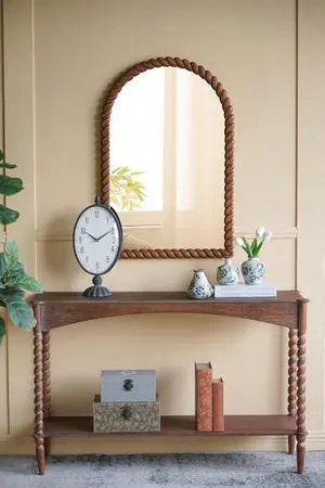 24X35.8" Arched Wall Mirror With Pine Wood Frame, Brown 24X35.8" Arched Wall Mirror With Pine Wood Frame, Brown