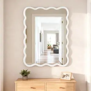 White 30"x40" Wavy Rectangle Solid Wood Frame Decorative Mirror,For Bedroom, Bathroom, Living Room, Entryway White 30"x40" Wavy Rectangle Solid Wood Frame Decorative Mirror,For Bedroom, Bathroom, Living Room, Entryway