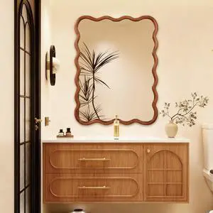 Yellowish Brown 30"x40" Wavy Rectangle Solid Wood Frame Decorative Mirror,For Bedroom, Bathroom, Living Room, Entryway Yellowish Brown 30"x40" Wavy Rectangle Solid Wood Frame Decorative Mirror,For Bedroom, Bathroom, Living Room, Entryway