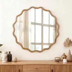 Natural Wood Color 30 inch Wavy Round Solid Wood Frame Decorative Mirror,For Bedroom, Bathroom, Living Room, Entryway Natural Wood Color 30 inch Wavy Round Solid Wood Frame Decorative Mirror,For Bedroom, Bathroom, Living Room, Entryway