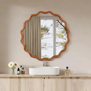 Yellowish Brown 30 inch Wavy Round Solid Wood Frame Decorative Mirror,For Bedroom, Bathroom, Living Room, Entryway Yellowish Brown 30 inch Wavy Round Solid Wood Frame Decorative Mirror,For Bedroom, Bathroom, Living Room, Entryway