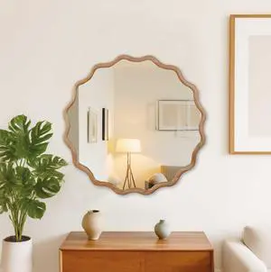 Natural Wood Color 36 inch Wavy Round Solid Wood Frame Decorative Mirror,For Bedroom, Bathroom, Living Room, Entryway Natural Wood Color 36 inch Wavy Round Solid Wood Frame Decorative Mirror,For Bedroom, Bathroom, Living Room, Entryway