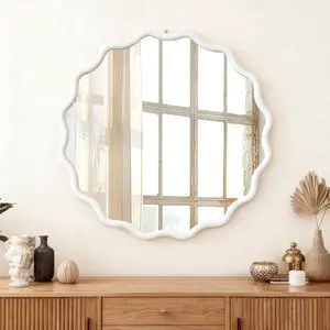 White 30 inch Wavy Round Solid Wood Frame Decorative Mirror,For Bedroom, Bathroom, Living Room, Entryway White 30 inch Wavy Round Solid Wood Frame Decorative Mirror,For Bedroom, Bathroom, Living Room, Entryway