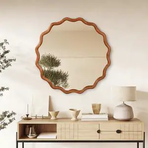 Yellowish Brown 36 inch Wavy Round Solid Wood Frame Decorative Mirror,For Bedroom, Bathroom, Living Room, Entryway Yellowish Brown 36 inch Wavy Round Solid Wood Frame Decorative Mirror,For Bedroom, Bathroom, Living Room, Entryway