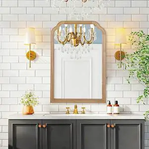Natural Wood Color 20" x 30" Solid Wood Frame Rounded Corner Decorative Mirror, For Bedroom, Bathroom, Living Room, Entryway Natural Wood Color 20" x 30" Solid Wood Frame Rounded Corner Decorative Mirror, For Bedroom, Bathroom, Living Room, Entryway