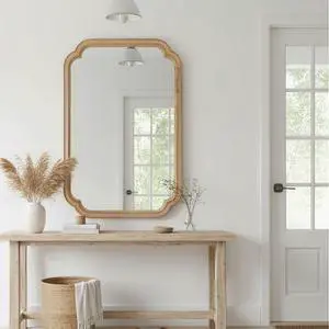 Natural Wood Color 20" x 30" Solid Wood Frame Rounded Corner Decorative Mirror, For Bedroom, Bathroom, Living Room, Entryway Natural Wood Color 20" x 30" Solid Wood Frame Rounded Corner Decorative Mirror, For Bedroom, Bathroom, Living Room, Entryway