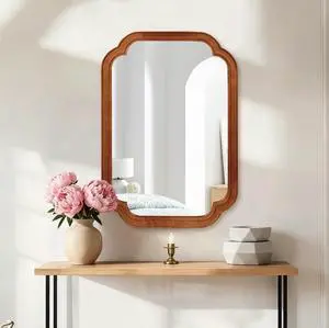 Yellowish Brown Color 20" x 30" Solid Wood Frame Rounded Corner Decorative Mirror, For Bedroom, Bathroom, Living Room, Entryway Yellowish Brown Color 20" x 30" Solid Wood Frame Rounded Corner Decorative Mirror, For Bedroom, Bathroom, Living Room, Entryway