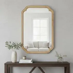 Natural Wood Color 24" x 36" Solid Wood Frame Rounded Corner Decorative Mirror, For Bedroom, Bathroom, Living Room, Entryway Natural Wood Color 24" x 36" Solid Wood Frame Rounded Corner Decorative Mirror, For Bedroom, Bathroom, Living Room, Entryway