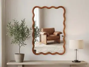 Yellowish Brown 20"x30" Wavy Rectangle Solid Wood Frame Decorative Mirror,For Bedroom, Bathroom, Living Room, Entryway Yellowish Brown 20"x30" Wavy Rectangle Solid Wood Frame Decorative Mirror,For Bedroom, Bathroom, Living Room, Entryway