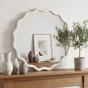 White 24 inch Wavy Round Solid Wood Frame Decorative Mirror,For Bedroom, Bathroom, Living Room, Entryway White 24 inch Wavy Round Solid Wood Frame Decorative Mirror,For Bedroom, Bathroom, Living Room, Entryway