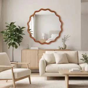 Yellowish Brown 24 inch Wavy Round Solid Wood Frame Decorative Mirror,For Bedroom, Bathroom, Living Room, Entryway Yellowish Brown 24 inch Wavy Round Solid Wood Frame Decorative Mirror,For Bedroom, Bathroom, Living Room, Entryway