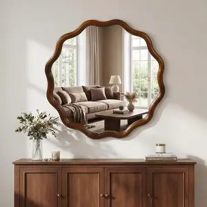 Black Walnut Color 24 inch Wavy Round Solid Wood Frame Decorative Mirror,For Bedroom, Bathroom, Living Room, Entryway(Black Walnut Wood Color)Black Black Walnut Color 24 inch Wavy Round Solid Wood Frame Decorative Mirror,For Bedroom, Bathroom, Living Room, Entryway(Black Walnut Wood Color)Black