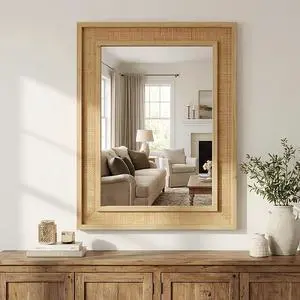 Natural Wood Color 24"x36" Rattan Rectangle Solid Wood Frame Decorative Mirror,For Farmhouse,Bathroom,Home Decor,Entryway Natural Wood Color 24"x36" Rattan Rectangle Solid Wood Frame Decorative Mirror,For Farmhouse,Bathroom,Home Decor,Entryway