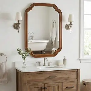 Black Walnut Color 24" x 36" Solid Wood Frame Rounded Corner Decorative Mirror, For Bedroom, Bathroom, Living Room, Entryway Black Walnut Color 24" x 36" Solid Wood Frame Rounded Corner Decorative Mirror, For Bedroom, Bathroom, Living Room, Entryway