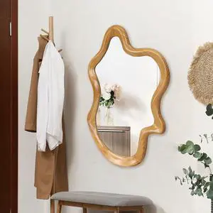 33.46" x 22.24" Irregular Shaped Wall Mirror with Natural Wood Frame 33.46" x 22.24" Irregular Shaped Wall Mirror with Natural Wood Frame