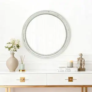 Round Distressed White Wood Beaded Wall Mirror, 23.62" Farmhouse Vintage Accent Mirror for Bathroom, Bedroom, Entryway, Shabby Chic Decorative Mirror Round Distressed White Wood Beaded Wall Mirror, 23.62" Farmhouse Vintage Accent Mirror for Bathroom, Bedroom, Entryway, Shabby Chic Decorative Mirror