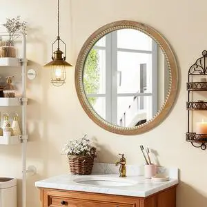 Round Distressed Wood Beaded Wall Mirror, 23.62" Farmhouse Vintage Accent Mirror for Bathroom, Bedroom, Entryway, Rustic Decorative Mirror Round Distressed Wood Beaded Wall Mirror, 23.62" Farmhouse Vintage Accent Mirror for Bathroom, Bedroom, Entryway, Rustic Decorative Mirror