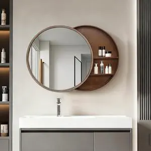 23.62" Sliding Round Wall Mirror with Storage Shelves - 2-Tier Wooden Side Cabinet, Space-Saving Hanging Mirror for Bathroom Vanity, Bedroom & Entryway 23.62" Sliding Round Wall Mirror with Storage Shelves - 2-Tier Wooden Side Cabinet, Space-Saving Hanging Mirror for Bathroom Vanity, Bedroom & Entryway
