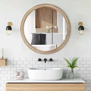 Round Decorative Wall Mirror with Woven Rattan-Textured Frame (23.62"), Rustic Modern Accent Mirror for Bathroom/Vanity/Living Room (Easy Wall-Mount Design) Round Decorative Wall Mirror with Woven Rattan-Textured Frame (23.62"), Rustic Modern Accent Mirror for Bathroom/Vanity/Living Room (Easy Wall-Mount Design)