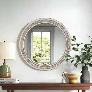 Vintage Round Wall Mirror, 23.62" Decorative Distressed White Frame Mirror with Ornate Beaded Trim for Bathroom/Living Room/Entryway Vintage Round Wall Mirror, 23.62" Decorative Distressed White Frame Mirror with Ornate Beaded Trim for Bathroom/Living Room/Entryway