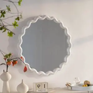 White Scalloped Round Wall Mirror, Wavy Frame for Living Room/Bedroom/Bathroom Decor White Scalloped Round Wall Mirror, Wavy Frame for Living Room/Bedroom/Bathroom Decor