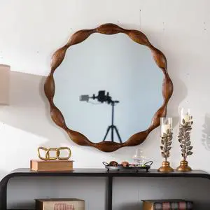 32.28" Solid Wood Round Mirror, Rustic Farmhouse Wavy Irregular Decorative Wall Mirror - Walnut, Large Circle Wood Frame Mirror for Living Room, Hallway, Entryway 32.28" Solid Wood Round Mirror, Rustic Farmhouse Wavy Irregular Decorative Wall Mirror - Walnut, Large Circle Wood Frame Mirror for Living Room, Hallway, Entryway
