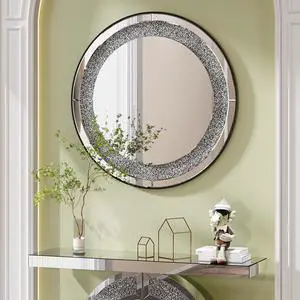 33.46"(85cm)Crystal Crush Diamond Sparkly round Silver Mirror for Wall Decoration 33.46"(85cm)Crystal Crush Diamond Sparkly round Silver Mirror for Wall Decoration