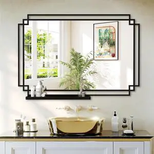 24*36 Ines Modern Vanity Mirror with Multi-functional Shelf, Large bathroom Mirror, Black Frame Decoration Mirror, Suitable for Bathroom, Living Room, Bedroom 24*36 Ines Modern Vanity Mirror with Multi-functional Shelf, Large bathroom Mirror, Black Frame Decoration Mirror, Suitable for Bathroom, Living Room, Bedroom