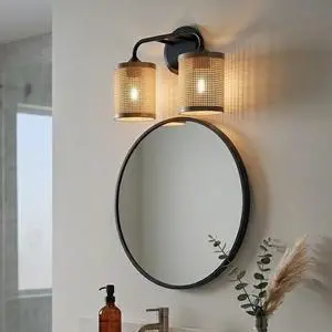 Quell Double Light Vanity with Natural Rattan Shade Wall Lamp Quell Double Light Vanity with Natural Rattan Shade Wall Lamp