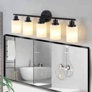 31" Modern 5-Light Vanity Bathroom Mirror Light, Frosted White Glass with Black Iron Frame, Contemporary Wall Sconce for Bedroom, Bathroom, and Dressing Room (Bulb Not included) 31" Modern 5-Light Vanity Bathroom Mirror Light, Frosted White Glass with Black Iron Frame, Contemporary Wall Sconce for Bedroom, Bathroom, and Dressing Room (Bulb Not included)