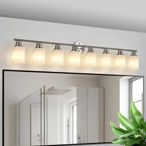 52" Modern 8-Light Vanity Wall Sconce, Brushed Nickel Finish with Frosted Glass Shades for Bathroom Or Hallway Lighting (No Bulbs) 52" Modern 8-Light Vanity Wall Sconce, Brushed Nickel Finish with Frosted Glass Shades for Bathroom Or Hallway Lighting (No Bulbs)