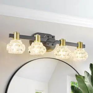 24" Vintage 4-Light Wall Sconce with Clear Crystal Shades, Black Iron Finish Vanity Light Fixture for Bathroom Or Hallway (No Bulbs) 24" Vintage 4-Light Wall Sconce with Clear Crystal Shades, Black Iron Finish Vanity Light Fixture for Bathroom Or Hallway (No Bulbs)