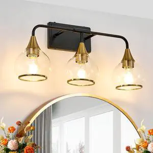 23" Modern 3-Light Vanity Wall Sconce - Black and Gold Bathroom Light Fixture with Clear Glass Shades, industrial Wall Mounted Lamp for Mirror, Vanity, and Living Spaces (Bulb Not included) 23" Modern 3-Light Vanity Wall Sconce - Black and Gold Bathroom Light Fixture with Clear Glass Shades, industrial Wall Mounted Lamp for Mirror, Vanity, and Living Spaces (Bulb Not included)