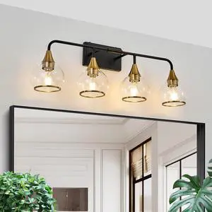 31" Modern 4-Light Vanity Wall Sconce - Black and Gold Bathroom Light Fixture with Clear Glass Shades, industrial Wall Mounted Lamp for Mirror, Vanity, and Living Spaces (Bulb Not included) 31" Modern 4-Light Vanity Wall Sconce - Black and Gold Bathroom Light Fixture with Clear Glass Shades, industrial Wall Mounted Lamp for Mirror, Vanity, and Living Spaces (Bulb Not included)