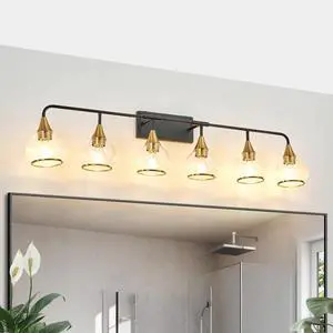 48" Modern 6-Light Vanity Wall Sconce - Black and Gold Bathroom Light Fixture with Clear Glass Shades, industrial Wall Mounted Lamp for Mirror, Vanity, and Living Spaces (Bulb Not included) 48" Modern 6-Light Vanity Wall Sconce - Black and Gold Bathroom Light Fixture with Clear Glass Shades, industrial Wall Mounted Lamp for Mirror, Vanity, and Living Spaces (Bulb Not included)