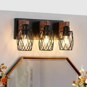 18" industrial Vintage 3-Light Wall Sconce - Black Cage Wall Lighting Fixture with Wooden Accents for Bathroom, Hallway, Or Living Room (Bulb Not included) 18" industrial Vintage 3-Light Wall Sconce - Black Cage Wall Lighting Fixture with Wooden Accents for Bathroom, Hallway, Or Living Room (Bulb Not included)